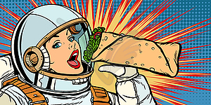Hungry woman astronaut eating kebab Doner Shawarma - vector clip art