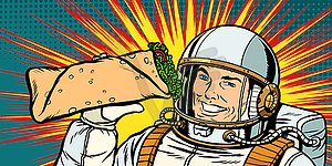 Smiling man astronaut presents Shawarma kebab Doner - vector image