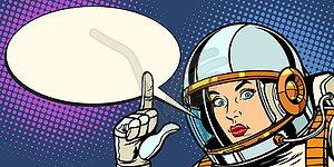 Serious astronaut woman pointing up - vector image