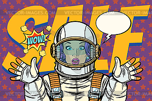 Discounts sales woman wow astronaut retro background - vector clipart