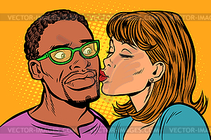 Woman kisses man. multi-ethnic couple. embarrassment - vector clipart