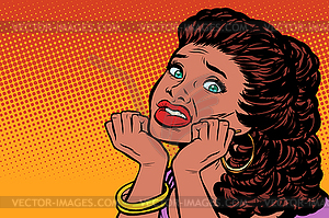 Woman scared hands on her face. African American - vector clip art