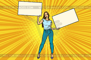 Girl with two banners blank - vector image