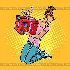 Teen girl with gift jump of joy - vector image