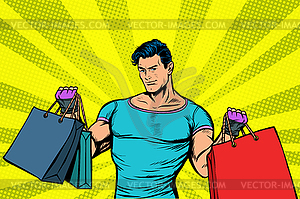 Strong muscular man with bags on sale - vector image