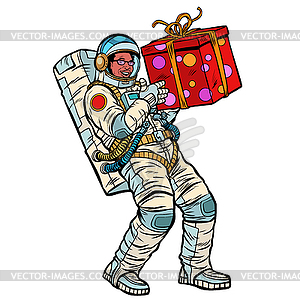 Cosmonaut with gift box. African American people - vector clipart