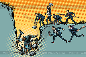 Savages businessmen kill robot. Fight for jobs. - vector clipart