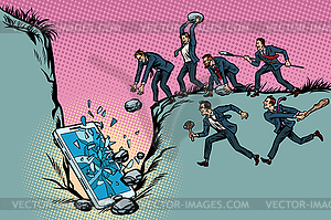 Savages businessmen kill smartphone. Politics and - color vector clipart