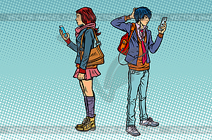 Young man and girl. Teen couple with smartphones - vector clip art