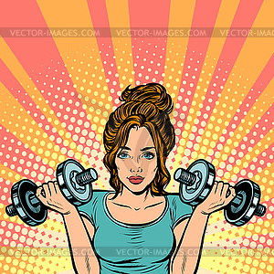 Beautiful woman with dumbbells in gym - vector image