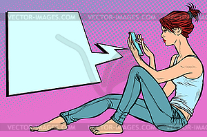 Woman sitting on floor and reading smartphone - vector clipart