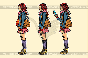 Set of teen girl. pregnant and with phone - vector clip art