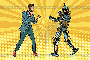 Businessman fighting with robot - vector clipart
