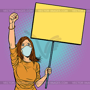 Woman in medical mask protests with poster - vector clipart