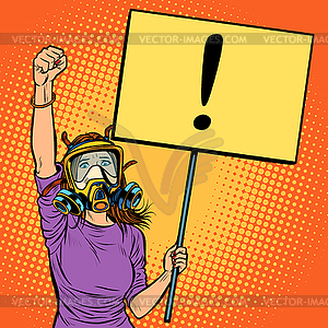 Woman in gas mask protesting against polluted air. - vector clip art