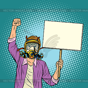 Man in gas mask protesting against polluted air. - vector clipart