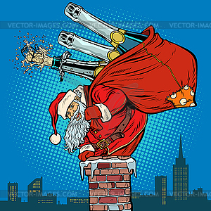 Santa Claus with champagne climbs chimney - vector image