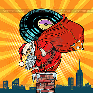 Santa Claus with vinyl records climbs into chimney - vector clipart