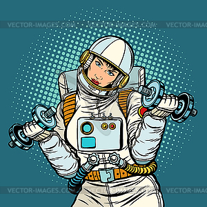 Woman astronaut with dumbbells - vector clip art