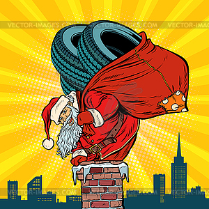 Car winter tires. Santa Claus with gifts climbs int - vector clipart