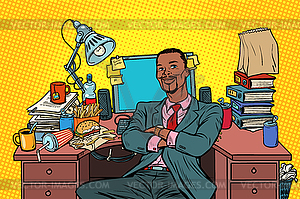 Pop art African businessman, workplace - vector clipart