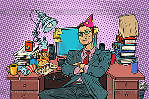 Pop art businessman birthday, workplace - vector clipart / vector image