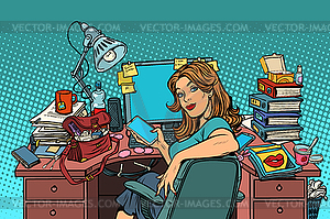 Pop art Businesswoman in workplace - vector image