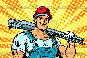 Pop art plumber worker with adjustable wrench - vector EPS clipart