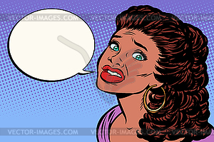 Woman is afraid and speaks. African-American people - vector image