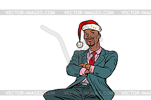 Pop art African businessman in Christmas hat - vector image