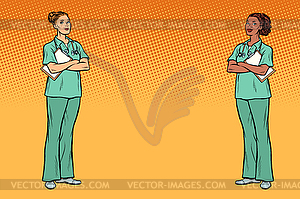 Pop art Multi ethnic group. Two nurses. Medicine an - vector clipart