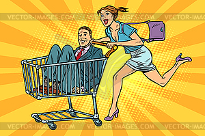 Pop art woman with man in shopping trolley - vector clip art