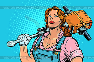 Woman road worker Builder with jackhammer - vector clipart