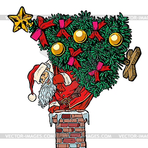 Santa Claus with Christmas tree climbs chimney. - vector image