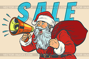 Christmas sale Santa Claus with megaphone - vector clip art