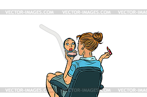 Pop art woman looks in hand mirror and paints her - stock vector clipart