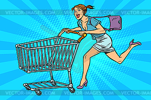 Pop art Woman running with shopping cart - vector image