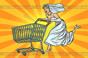 Pop art bride runs for wedding shopping - royalty-free vector image