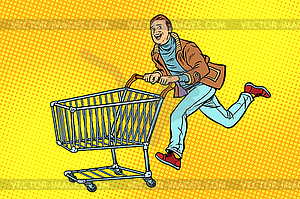 Men are on sale. shopping cart shop trolley - vector clip art