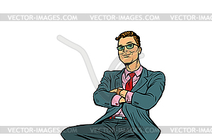 Pop art businessman sitting smiling - vector image