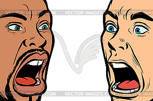 Man scream face. African and Caucasian people - vector clipart