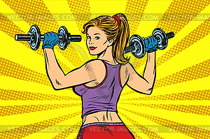 Pop art Sporty woman with dumbbells - color vector clipart