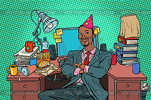 Pop art African businessman birthday, working place - vector clipart / vector image