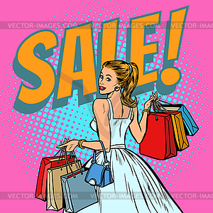 Bride shopping, woman with bags - vector image