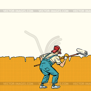 Worker painter paints wall in middle - color vector clipart