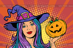 Happy Halloween witch with pumpkin - vector clipart