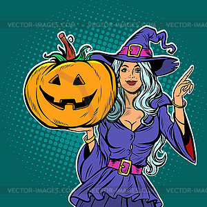 Witch with Halloween pumpkin - color vector clipart