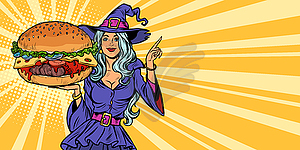 Halloween witch presents holiday burger - vector clipart