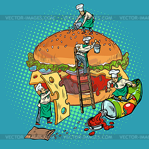 Cooking burger, mini chefs gather ingredients - vector clipart