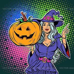 Witch with pumpkin. Halloween Party - vector image